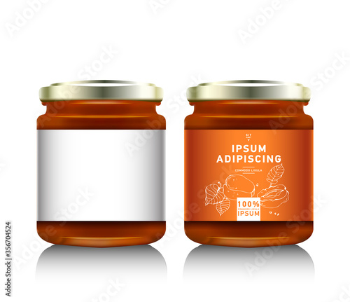 Realistic glass bottle packaging for fruit jam design. Apricot jam with design label, typography, line drawing apricots i. Mock up container or jar.