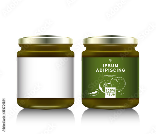 Realistic glass bottle packaging for fruit jam design. Green apple jam with design label, typography, line drawing an apple illustration. Mock up.