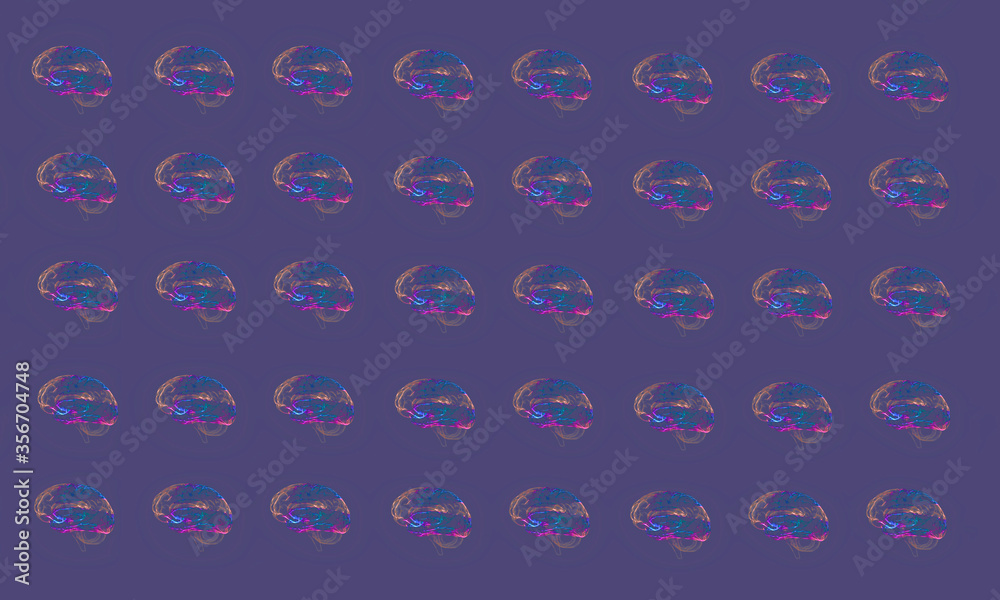 pattern of human brains of blue pink and orange on a blue background blue background