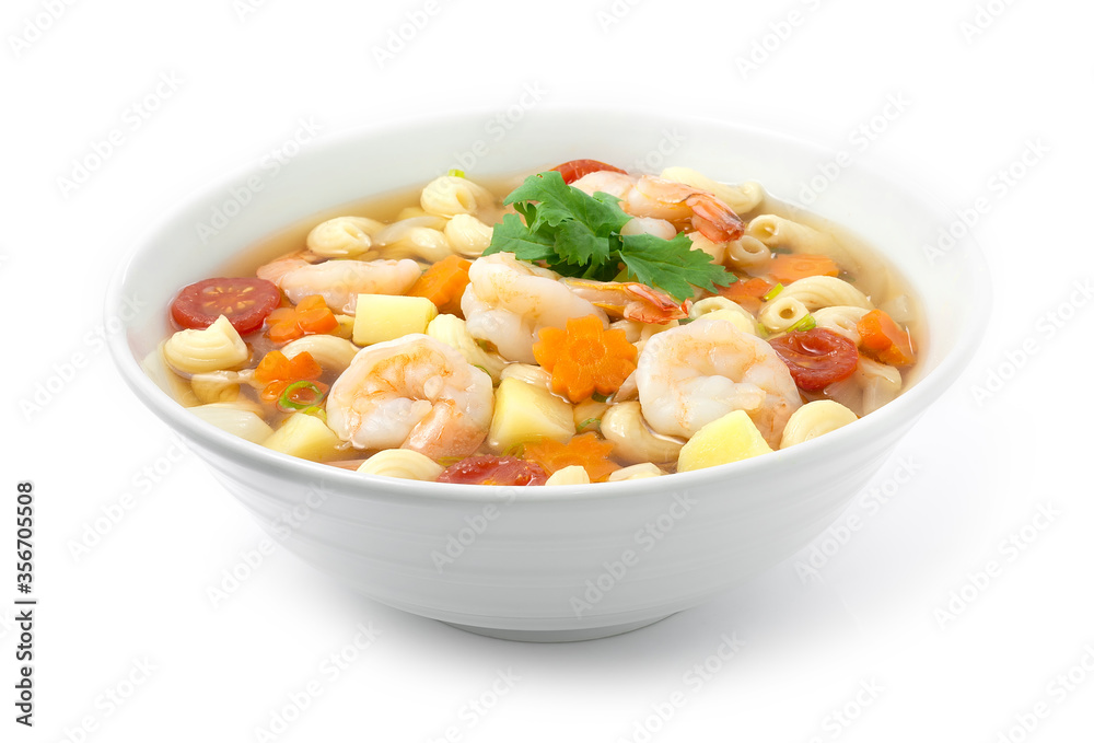 Macaroni Soup with Shrimps ,tomato,potato,carrots and onion Macaroni Soup with Shrimps ,tomato,potato,carrots and onion