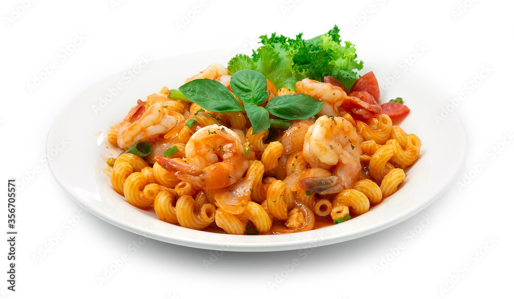 Shrimps Macaroni with Tomato Sauce Served as Breakfast Shrimps Macaroni with Tomato Sauce Served as Breakfast