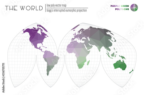 Low poly world map. Bogg's interrupted eumorphic projection of the world. Purple and Green colored polygons. Beautiful vector illustration.