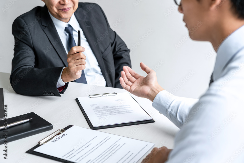 Job interview, Senior selection committee manager asking questions to applicant about work history, colloquy dream,  Skill, expertise, experience and businessman listen to candidate answers