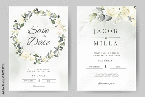 Fototapeta wedding invitation card template set with white rose bouquet wreath leave waterc