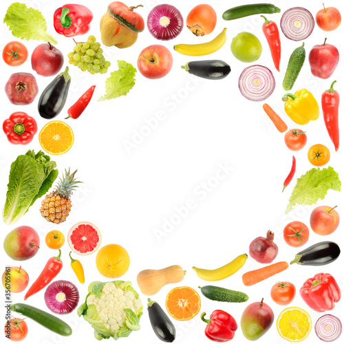 Delicious and healthy vegetables and fruits in form frame isolated on white
