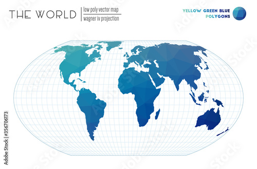 Low poly world map. Wagner IV projection of the world. Yellow Green Blue colored polygons. Contemporary vector illustration.