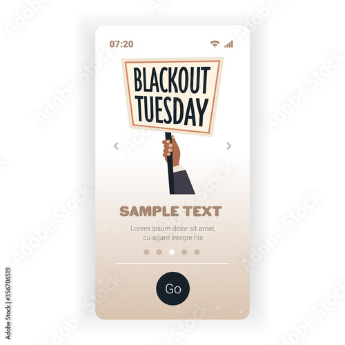 hand holding blackout tuesday banner black lives matter campaign against racial discrimination of dark skin color social problems of racism smartphone screen vector illustration