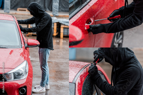 Collage of robber in mask using screwdriver while opening door of auto on urban street