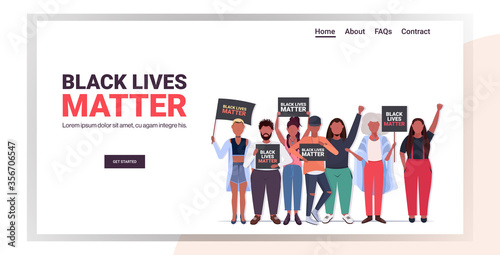 african american protesters with black lives matter banners awareness campaign against racial discrimination support for equal rights of black people horizontal copy space vector illustration