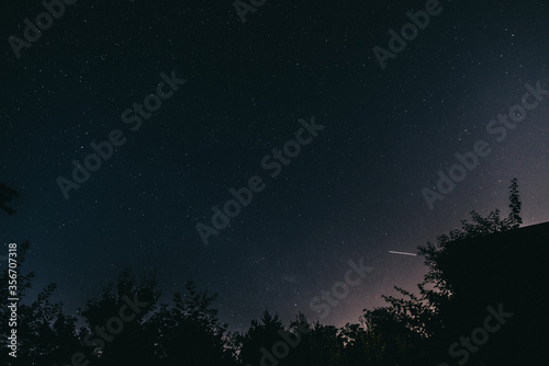 Night starry sky in the village in spring