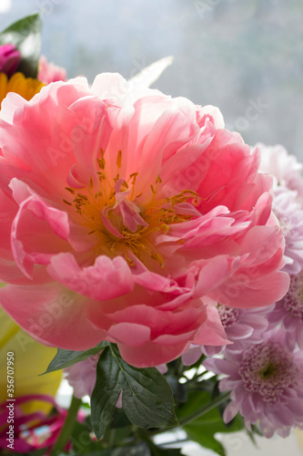 Pink peony flower in bouquet  close-up. Card  invitation concept  copy space  vertical format