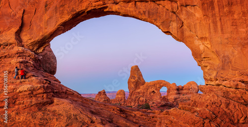 The Windows Arches before sunrise in the Arches National Park of USA.