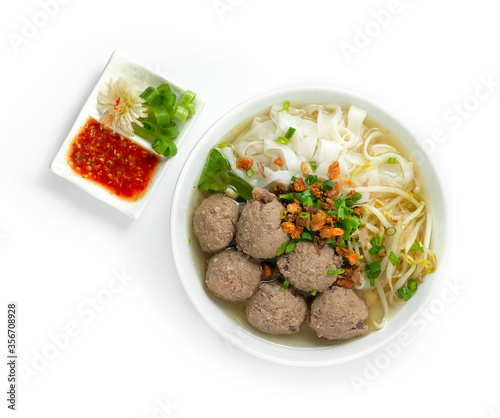 Bakso Meatballs and Noodles with Soup Served Chili Sauce Indonesia Food Style photo