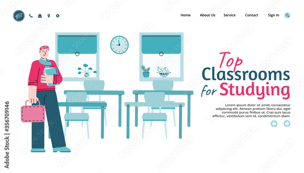 School classroom banner - with cartoon student standing in class room interior. University website template with man in college auditorium, vector illustration.