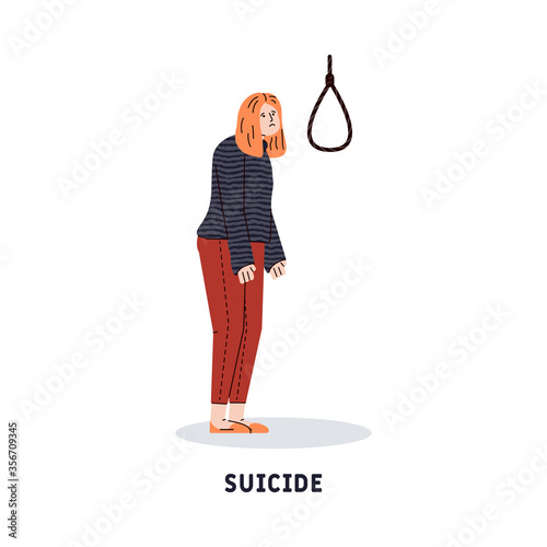 Sad woman thinking of suicide death and looking at hanging noose rope. Cartoon girl with depression and sadness isolated on white background, vector illustration.