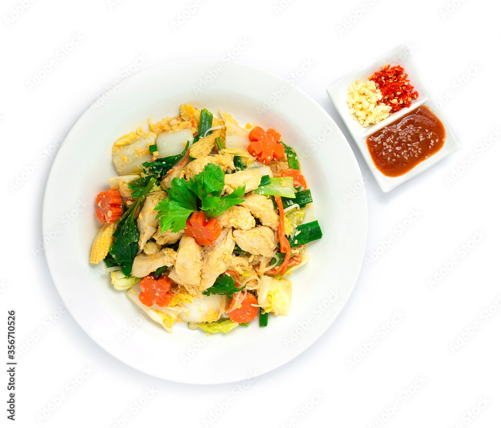 Thai Sukiyaki Stir Fried with Chicken, eggs and Vegetables Carved Carrots flowers shape served Sauce