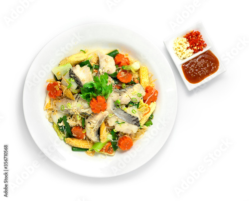 Thai Sukiyaki Stir Fried with Fish, eggs and Vegetables Carved Carrots flowers shape served Sauce