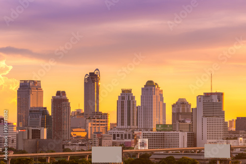 Public buildings and skyscrappers in the business area of Bangkok, Thailand.