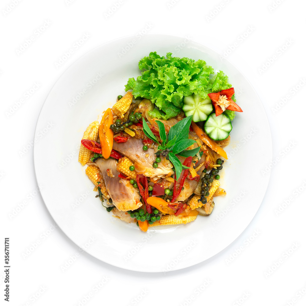 Spicy Fish Stir fried with Chili,Peppers,herbs,eggplants and baby corn Thai Food Style or Cleanfood and Dietfood Spicy Fish Stir fried with Chili,Peppers,herbs,eggplants and baby corn Thai Food Style or Cleanfood and Dietfood