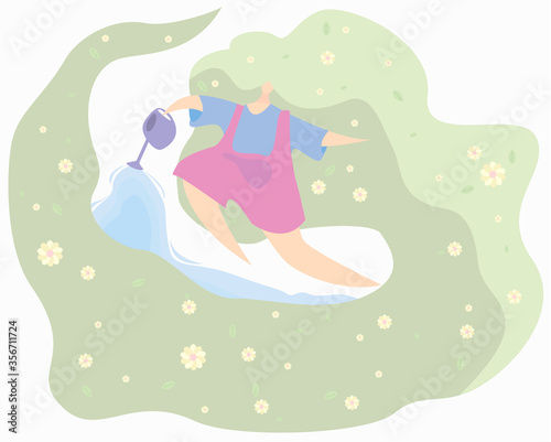 The girl takes care of her hair, moisturizing them and creating a beautiful garden of flowering and fresh long hair.