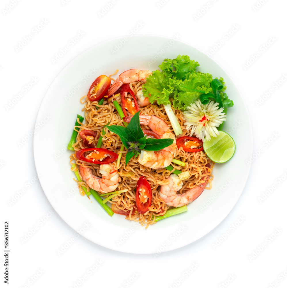 Stir Fried Instant Noodles with Shrimps Asian Thai food fusion style easy dish street food