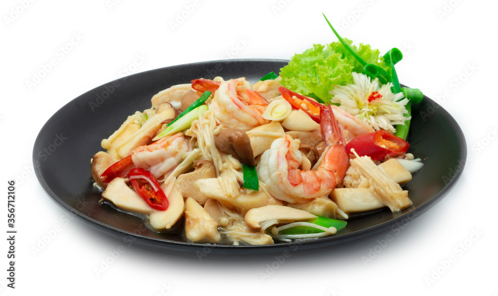 Stir Fried Shrimps With Erynji king oyster ,gold Needle Mushrooms Asian Food Style Healthy dietfood Stir Fried Shrimps With Erynji king oyster ,gold Needle Mushrooms Asian Food Style Healthy dietfood