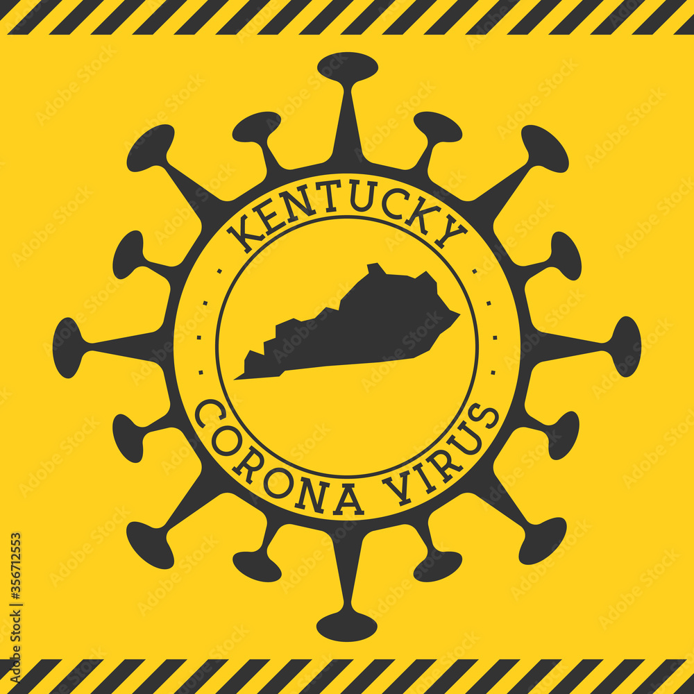 Corona virus in Kentucky sign. Round badge with shape of virus and Kentucky map. Yellow us state epidemy lock down stamp. Vector illustration.