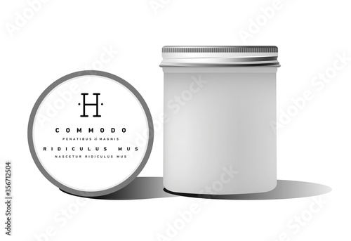 Realistic white cosmetic cream container for cream lotion. Mock up bottle. Gel, powder, balsam, with design label and ddifferent sizes. Soap pump. Containers for bulk mixtures.