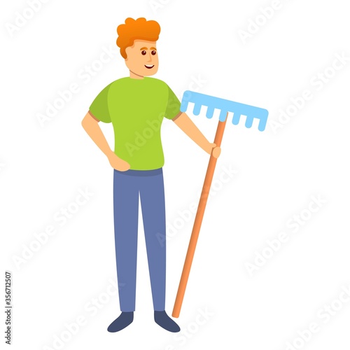 Ecologist boy with rake icon. Cartoon of ecologist boy with rake vector icon for web design isolated on white background