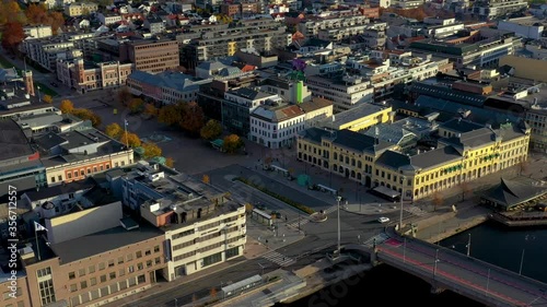 Downtown in Drammen city, Norway. The name here is Bragernes. The bridge called Bybrua crosses the river Drammenselva to Strømsø. photo