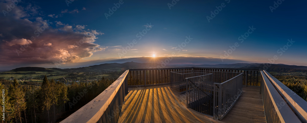 Sunrise and sunset over the city of Liberec, Czech republic. over Jested. View from the view Cisarsky kamen.