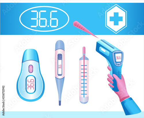 Medical body thermometer icon set. Electronic, contactless infrared laser and glass thermometers. Concept fever check,  control human temperature during respiratory illness and coronavirus epidemic.