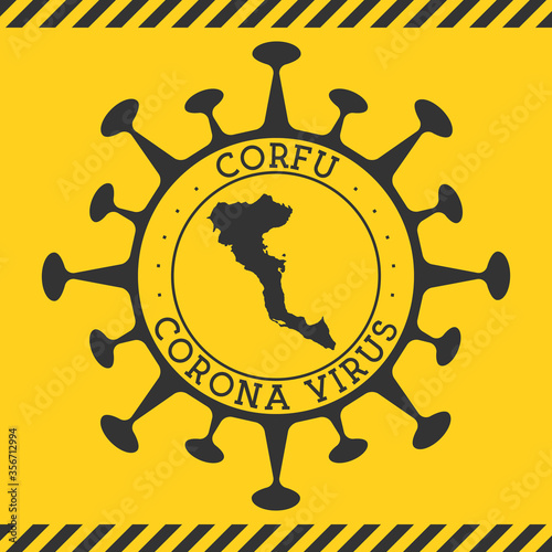 Coronavirus in Corfu sign. Round badge with shape of virus and Corfu map. Yellow island epidemic lockdown stamp. Vector illustration.