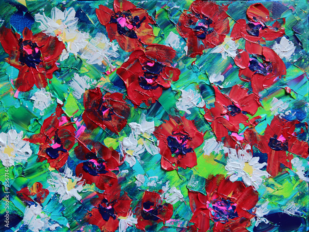Original Art painting with red and white flowers.