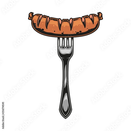 Hot sausage on fork colorful concept
