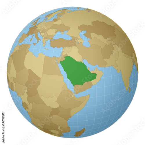 Globe centered to Saudi Arabia. Country highlighted with green color on world map. Satellite projection view. Vector illustration.