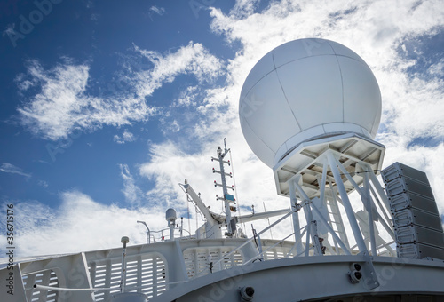 The satellite communications/navigation ball of a cruise ship. Sometimes known as a radar ball. The ball is place around satellite equipment for protection.