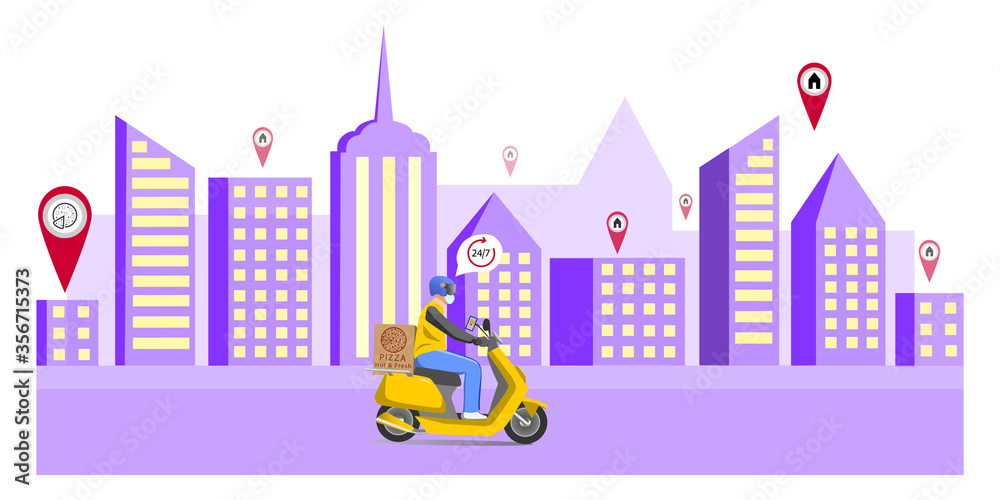 A pizza delivery man carries an order in the evening city. Vector illustration in cartoon styie. For websites.
