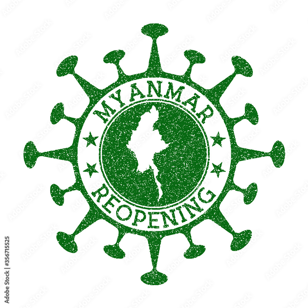 Myanmar Reopening Stamp. Green round badge of country with map of Myanmar. Country opening after lockdown. Vector illustration.