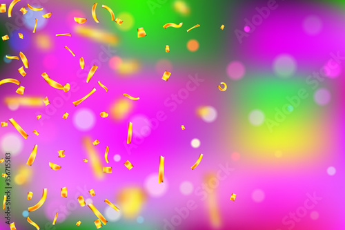 Golden confetti on bright colorful bokeh background with space for text.