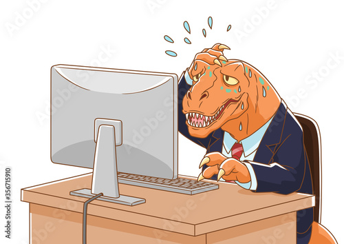 Cartoon illustration of Dinosaur wearing suit working with computer. 
