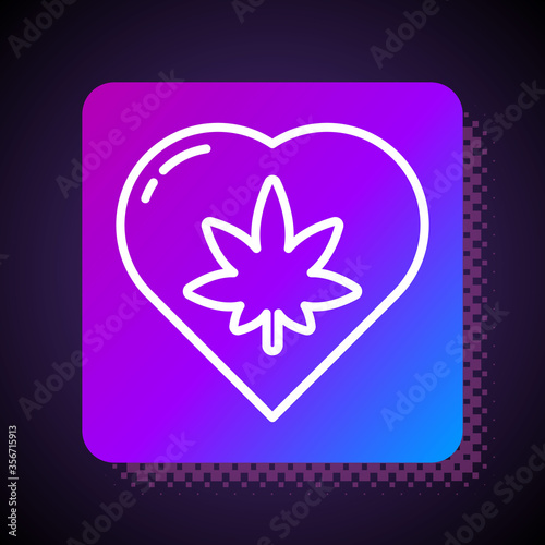 White line Marijuana leaf in heart shape icon isolated on black background. Hemp symbol. Square color button. Vector Illustration.