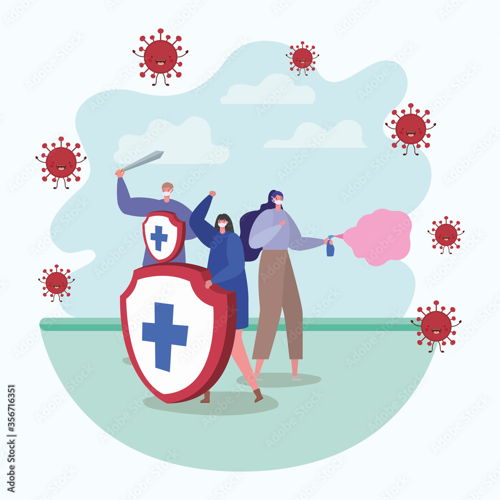 Fototapeta premium People with masks shield sword and spray bottle design of Fight covid 19 virus and stop spread theme Vector illustration