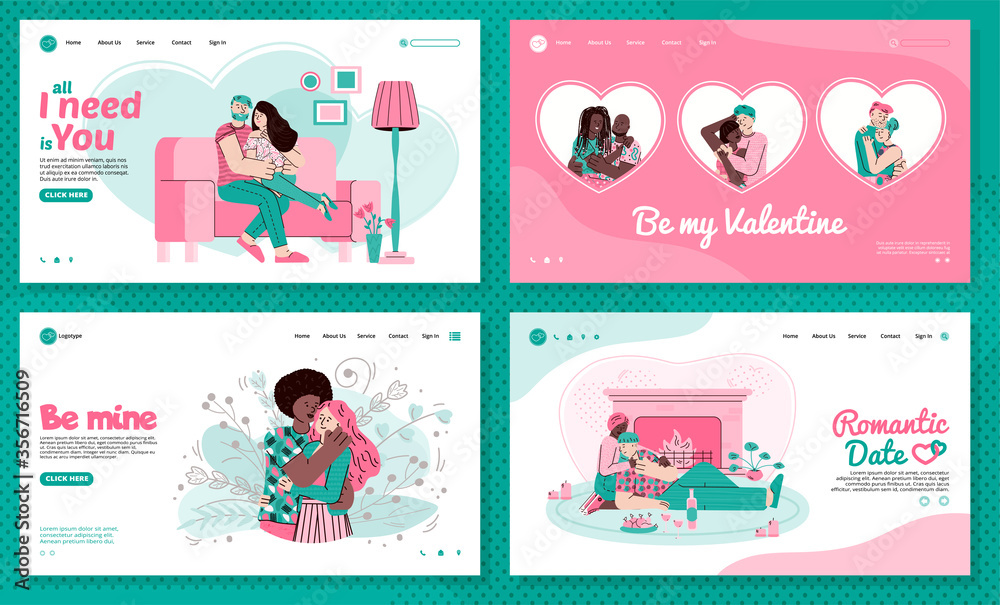 A landing page template with people who love and hug each other. Lovers celebrate Valentine s Day or a romantic date. Vector linear illustrations with hugging couples for web design.