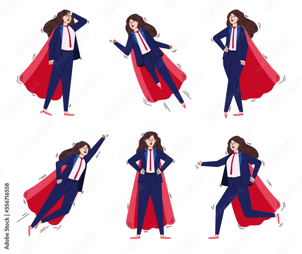 Set of sexy beautiful and powerful fit woman cartoon character in superhero cape and formal business suit, vector illustration isolated on white background.