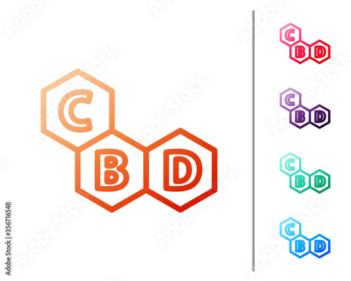 Red line Cannabis molecule icon isolated on white background. Cannabidiol molecular structures, THC and CBD formula. Marijuana sign. Set color icons. Vector Illustration.
