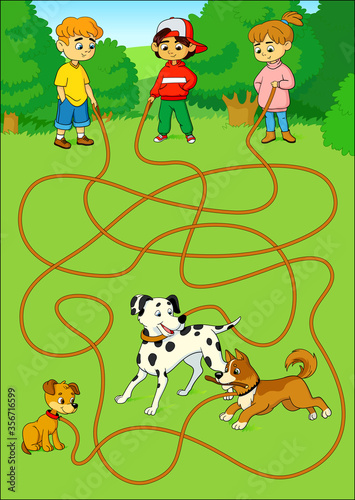 Fototapeta Naklejka Na Ścianę i Meble -  Help the children find their dogs. Funny maze game. Cartoon vector illustration. Education game for children.