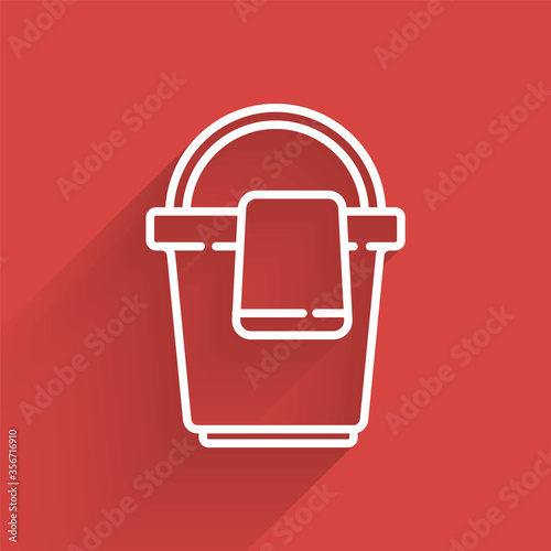 White line Bucket with rag icon isolated with long shadow. Cleaning service concept. Vector Illustration.