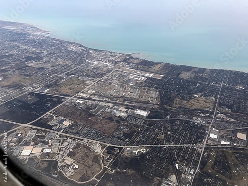 Aerial view of Chicago near the ocean on a bleak day