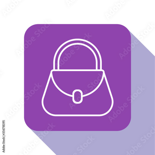 White line Handbag icon isolated on white background. Female handbag sign. Glamour casual baggage symbol. Purple square button. Vector Illustration.